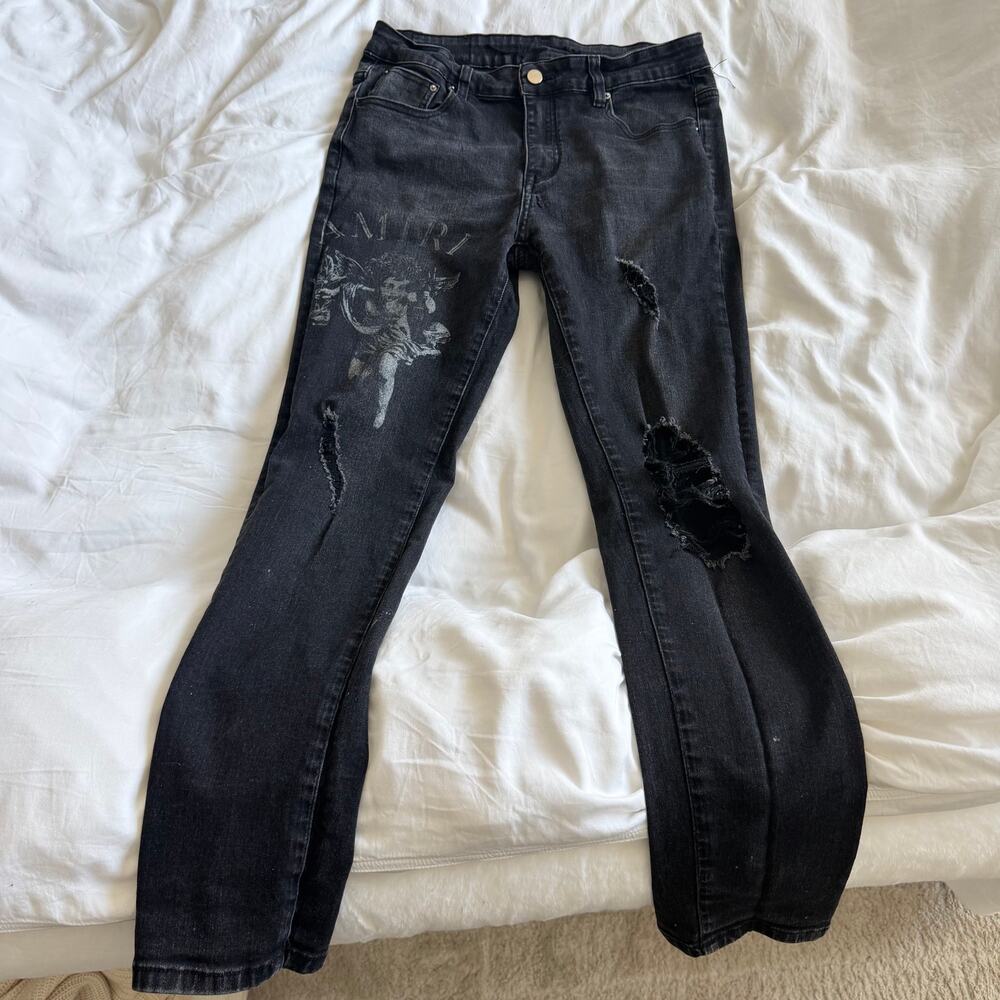 Amiri Cherub Black Denim Skinny Jeans Distressed Ripped Torn Faded Mens 30